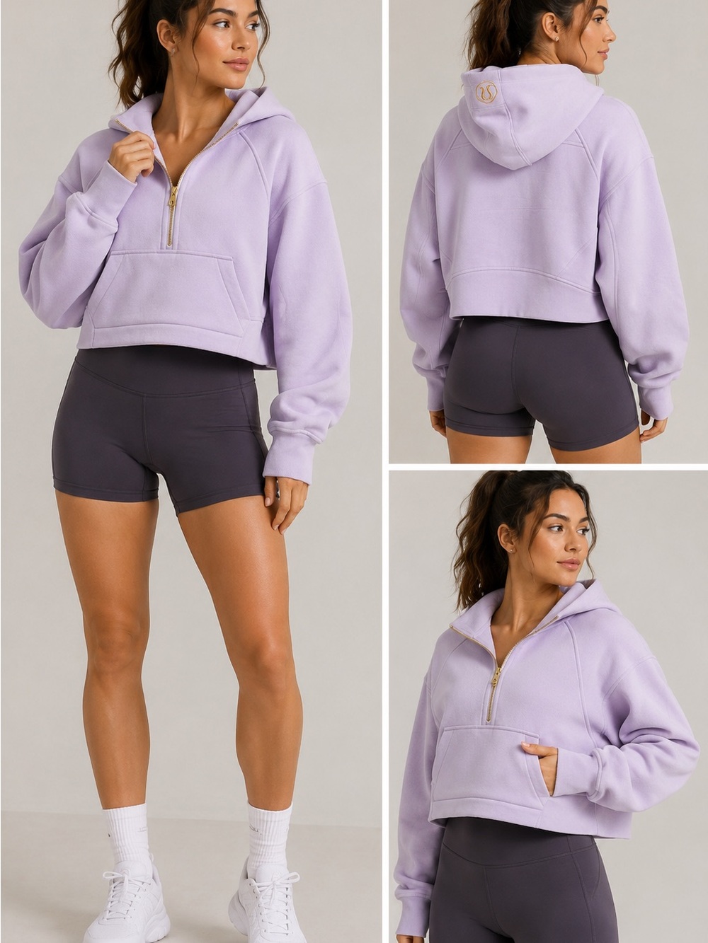 Lululemon Lavender Cropped Half Zip Fleece Hoodie XS/S Gold Logo